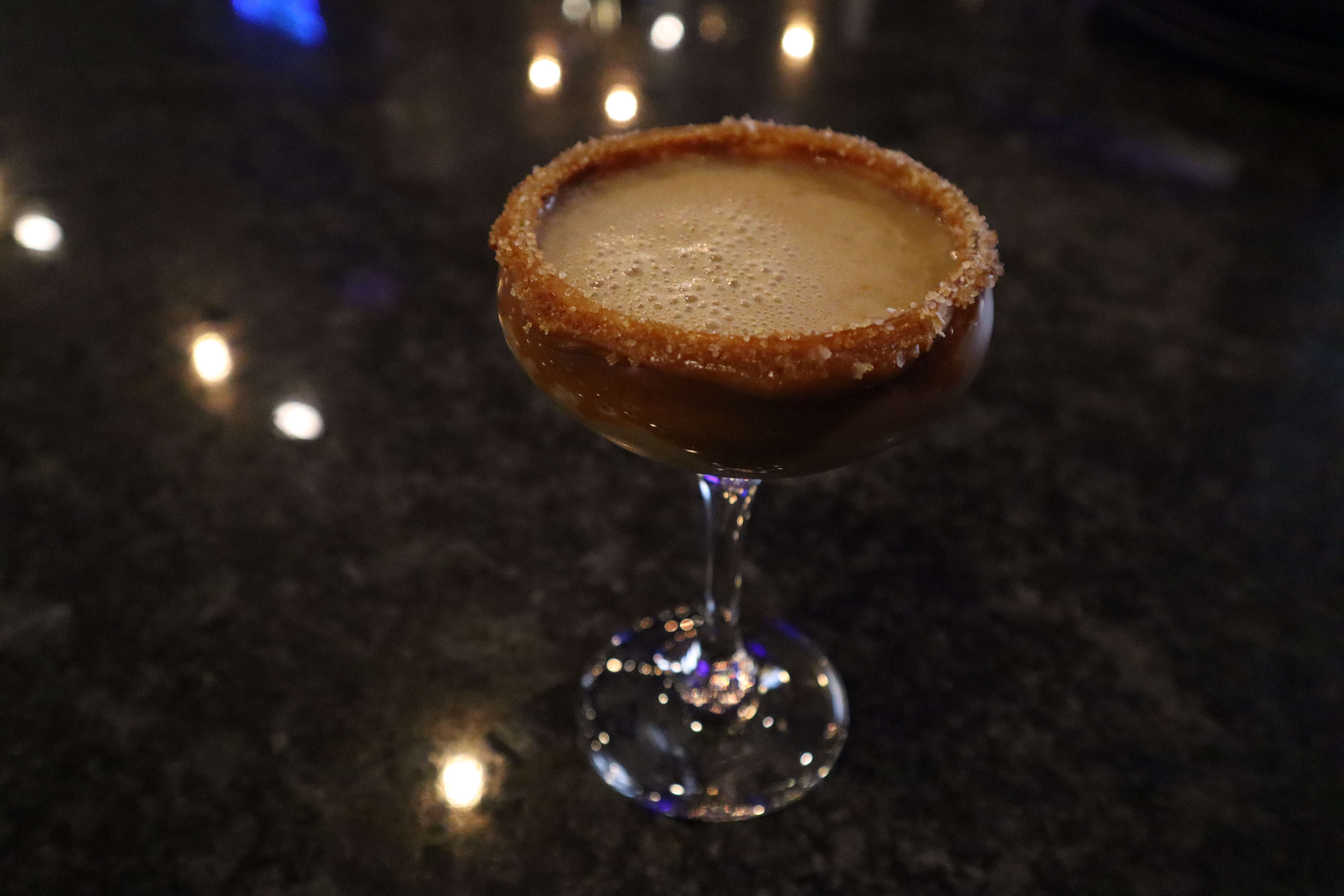 Espresso martini in a sugar-rimmed coupe glass